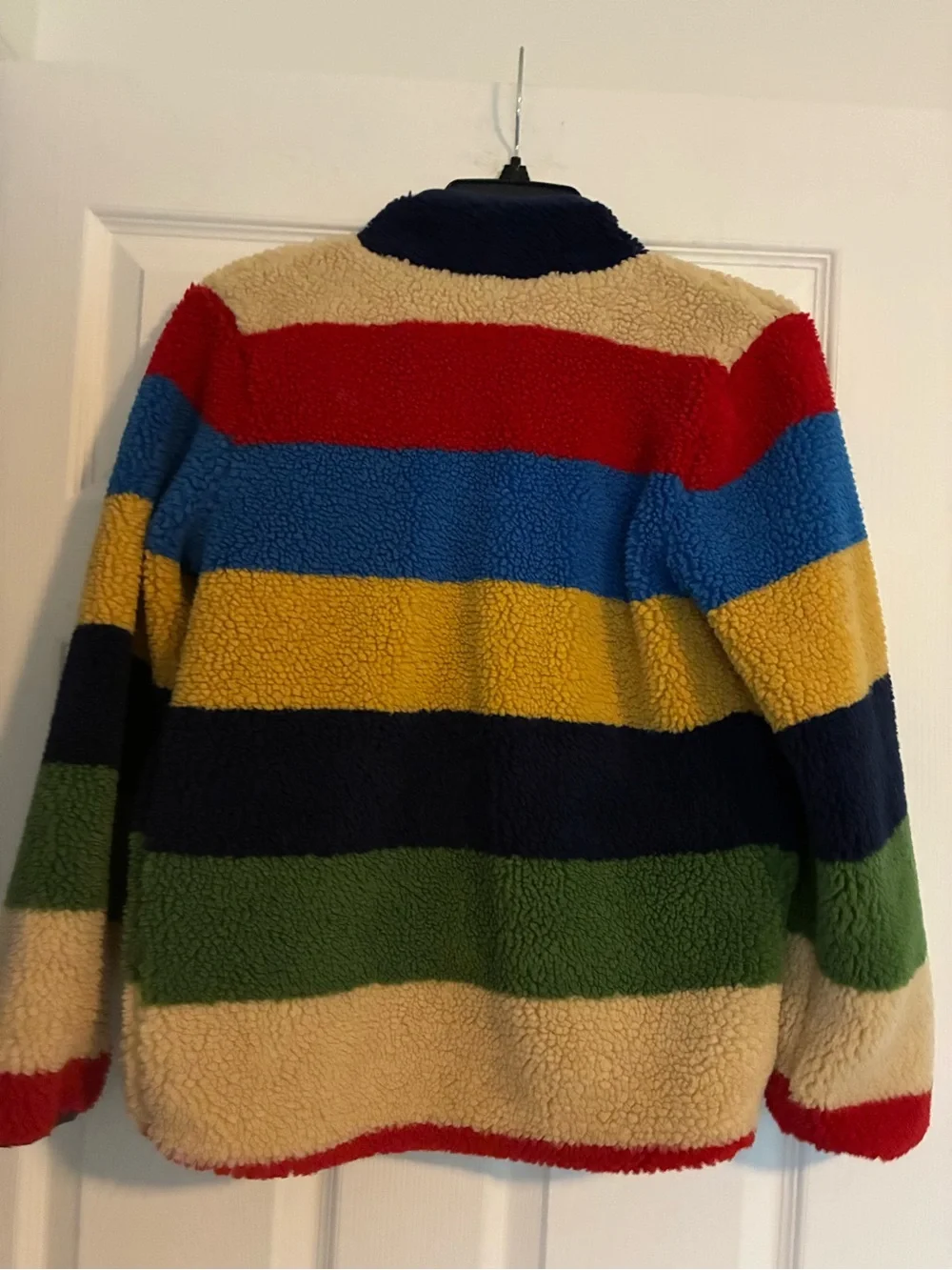 Boden Kids' Multicolor Striped Fleece Jacket - Navy/Red/Yellow/Green Size 10-11